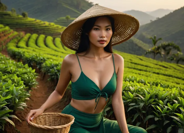 (scale image of young Vietnamese woman), (Asian facial features), (farmer picking tea), (curved terraces of tea bushes), (straw conical hat), 1. 2, (long black hair), (green top and pants), (vine woven basket), (close-up of delicate fingers), (terraced tea bushes), (bright direct sunlight, diffused light), (realistic color rendering), (photorealistic), (depth of field), (bokeh)