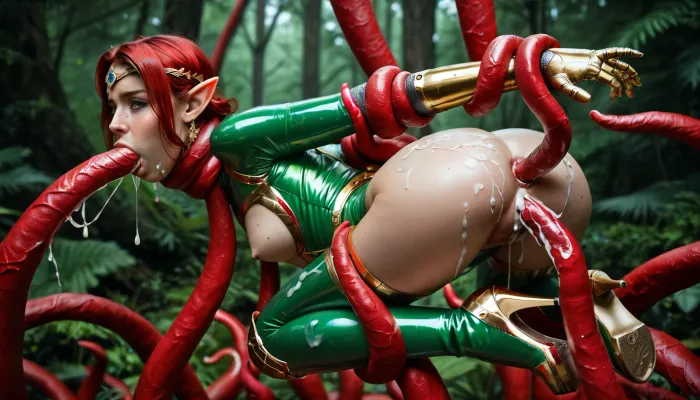 hyper photorealistic masterpiece, maximum quality, maximum details, maximum realism, score_9, score_8_up, (forest), (red hair, pubic hair), (small breast, petite, elf), (suspended, wrists held by tentacles, ankles held by tentacles), (gold high heel boots, gold harness, gold circlet), (metallic green latex catsuit:1.1), (metallic gold latex stockings, metallic gold latex gloves), (realistic anus, realistic vagina), (choking on tentacle, tentacles squeezing breast), (cum on pussy, cum on ass, cum on legs, cum on breast, cum on face), (Red thick tentacles:1.5), (vaginal, anal, deepthroat), SDXL_POS, but, Endless_Up_SDXL_Neg, <lora:SDXLHighDetail_v6-000005:1.5>, <lora:BUT_SDXL_SHS:1>