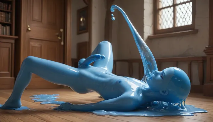Slime man. Semi-transparent, translucent, blue skin. Translucent body. Male. Penis. Full body, blue goo everywhere. Masturbation. Blue semen. Ejaculating blue stuff. Cumming blue cum. Orgasam. Ejaculating more blue goo. Blue semen. Blue cum. Big loads. Blue Ejaculate. Black dot eyes. Appernt age of mid 30s. Semen is same color as goo. Masculine. Half melted into floor. Adult.