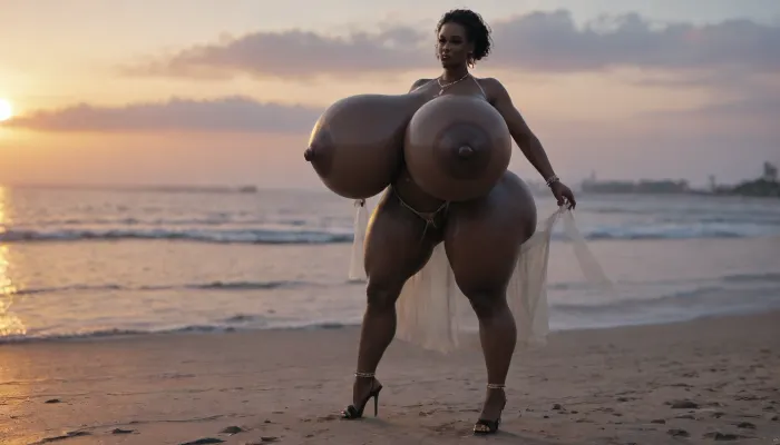 (absolutely black skin:1.85), (gigantic massive huge tits slender beauty model on the beach:1.55), (incredibly floppy saggy tits:1.35), (very large very dark areolae:1.25), erect nipples, seduction, model with full body and face, ((groping tits and ass)), ((very high plateau heels)), (bikini), ((belly chain, anklet, bracelet, jewelry, necklace)), (micro skirt, sun dress), oiled up, light hairy pussy, very detailed image, ultra high definition, dramatic sunrise light, palms, cruise ship on horizon