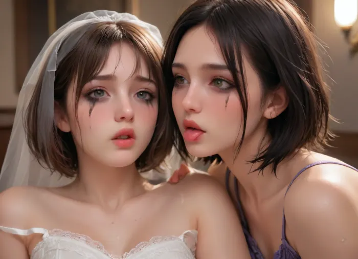 (Intimate couple’s BDSM session:1), innocent cute depressed goth girl being throat fucked by boyfriend’s big cock, sexually abused breathtaking beautiful 18 years old goth Dutch girl, (wet heavily ruined makeup:1.4), (mascara rimmel tears:1.2), (ruined lipstick around her lips:1.3), (short white dirty hair with bangs:1), anorexic busty body, (very sad desperate and exhausted appearance:1.3), depressed goth girlfriend, desperate, no-will-for-life, (extremely pale goth skin:1), freckles, big natural ass, microwaist, huge natural breasts with big puffy areolas, green-grey eyes, (a man is grabbing her hair:1.2), (throatfuck:1.4), (extreme sleep deprivation:1.4), (sad tired eyes crying watered eye contact with viewer:1), (girl is soaking wet with fifty gallows of cum poured on her face, body and lingerie:1.4), laying next to your big black cock, in luxurious bedroom cold low lighting, flash casual photo, photorealistic natural glazed with cum skin, photorealistic skin details, soft-moles, pimples, dimples, acne, blemishes, blushes, skin pores, detailed, (frontal close-up of girl with full background perspective:1), (casual photo style:1), (short, hair:1.7), (white, bridal, dress, veil:1.5), cunnilingus, 2girls, girl, licking, ruined, makeup, <lora:8_Lips:.4>, <lora:Cunnilingus XL:1.6>, <lora:ruined1:.8>