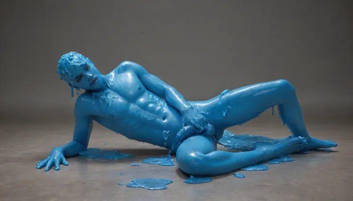 Slime man. Semi-transparent, translucent, blue skin. Translucent body. Male. Penis. Full body, blue goo everywhere. Masturbation. Blue semen. Ejaculating blue stuff. Cumming blue cum. Orgasam. Ejaculating more blue goo. Blue semen. Blue cum. Big loads. Blue Ejaculate. Black dot eyes. Appernt age of mid 30s. Semen is same color as goo. Masculine. Half melted into floor. Adult.


Second human person having gay sex with slime man
