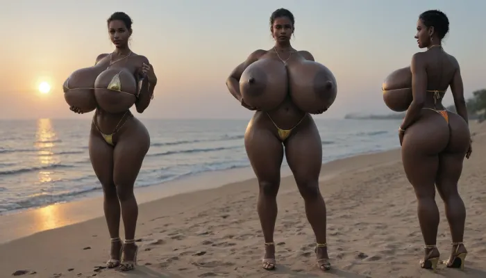 (absolutely black skin:1.85), (gigantic massive huge tits slender beauty model on the beach:1.55), (incredibly floppy saggy tits:1.35), (very large very dark areolae:1.25), erect nipples, seduction, model with full body and face, ((groping tits and ass)), ((very high plateau heels)), (bikini), ((belly chain, anklet, bracelet, jewelry, necklace)), (micro skirt, sun dress), oiled up, light hairy pussy, very detailed image, ultra high definition, dramatic sunrise light, palms, cruise ship on horizon