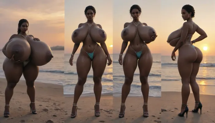 (absolutely black skin:1.85), (gigantic massive huge tits slender beauty model on the beach:1.55), (incredibly floppy saggy tits:1.35), (very large very dark areolae:1.25), erect nipples, seduction, model with full body and face, ((groping tits and ass)), ((very high plateau heels)), (bikini), ((belly chain, anklet, bracelet, jewelry, necklace)), (micro skirt, sun dress), oiled up, light hairy pussy, very detailed image, ultra high definition, dramatic sunrise light, palms, cruise ship on horizon