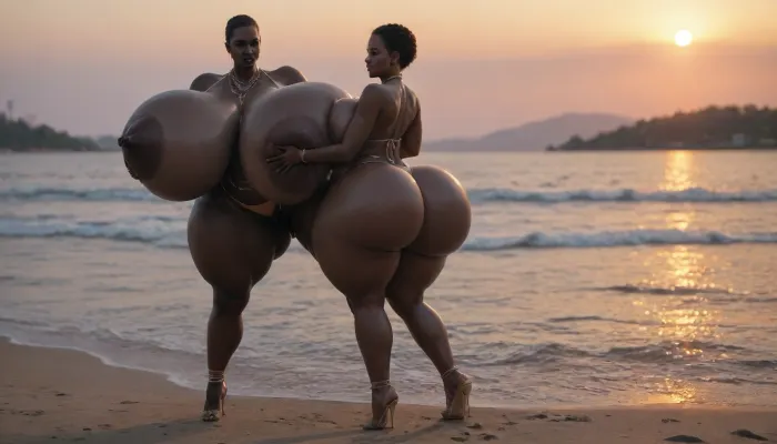 (absolutely black skin:1.85), (gigantic massive huge tits slender beauty model on the beach:1.55), (incredibly floppy saggy tits:1.35), (very large very dark areolae:1.25), erect nipples, seduction, model with full body and face, ((groping tits and ass)), ((very high plateau heels)), (bikini), ((belly chain, anklet, bracelet, jewelry, necklace)), (micro skirt, sun dress), oiled up, light hairy pussy, very detailed image, ultra high definition, dramatic sunrise light, palms, cruise ship on horizon