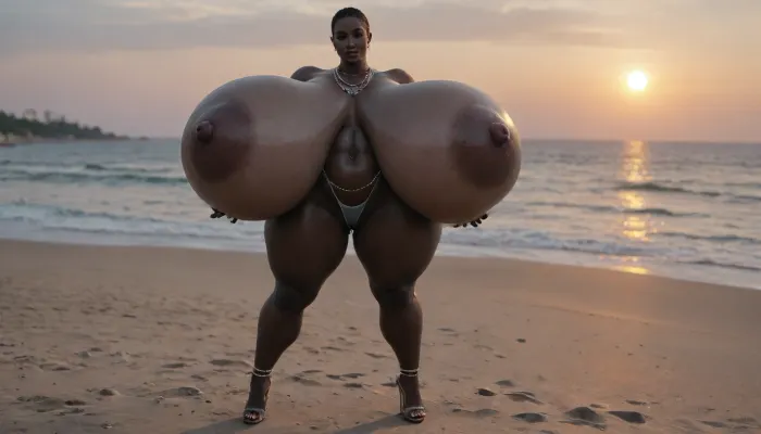 (absolutely black skin:1.85), (gigantic massive huge tits slender beauty model on the beach:1.55), (incredibly floppy saggy tits:1.35), (very large very dark areolae:1.25), erect nipples, seduction, model with full body and face, ((groping tits and ass)), ((very high plateau heels)), (bikini), ((belly chain, anklet, bracelet, jewelry, necklace)), (micro skirt, sun dress), oiled up, light hairy pussy, very detailed image, ultra high definition, dramatic sunrise light, palms, cruise ship on horizon