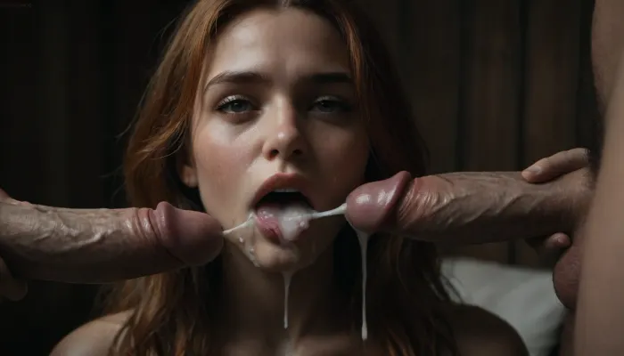 white naked woman, (woman:1.3), long ginger hair, close-up of her mouth, tongue sticking out, 1 white grandpa with a big penis dropping a cumshot on her tongue, excessive cum on tongue, mouthfull of cum, 1 white grandpa with a big penis dropping a cumshot on her cheeks, excessive cum on face, in a cozy bamboo house, <lora:dark:.8>