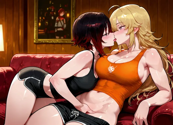 Ruby Rose, (RWBY), and Yang Xiao, pulling clothes off and kissing each other on the couch in their pajamas., (Yang Xiao is a Tall, athletic woman with long blonde hair, purple eyes, large cleavage. Yang is wearing a orange tank top and black short shorts.), (Ruby Rose is a short, petite woman with short black hair, grey eyes. Ruby is wearing a black tank top and black shorts short.), Dark, dim living room, cozy couch, pants pulled down to kneees, tops pulled up.

2 girls, transparent clothes, lesbian sex, blushing, bare pussy, bare boobs, clothes pulled off, fingering each other, tongue kissing, make out, detailed eyes, large anime eyes, soft, warm, 4k detail, clear, crisp.
