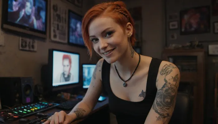 Athletic toned tall woman, 20 inch waist, tiny waist, tattooed gamer chick, short braided ginger hair, punk chick, gamer girl, in her messy basement with gaming monitors and posters art, trendy cyberpunk clothes and jewellery, cheeky smile, middle finger