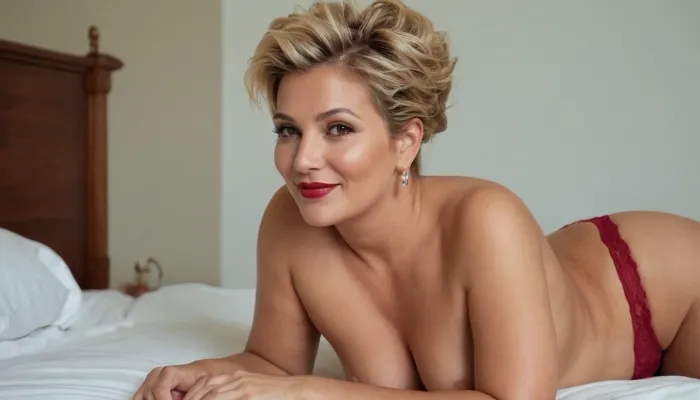 a chubby 48 year old woman with voluminous hair, ((blonde messy updo haircut)), and brown eyes and perky breasts and tanned skin and no makeup lying prone on bed, perfect eyes, seductive view, smiling, perfect nipples, side view, dark red lipstick, ((in panties)), earrings, belly piercing, perfect fingers, ((topless)), seductive, full body pov.