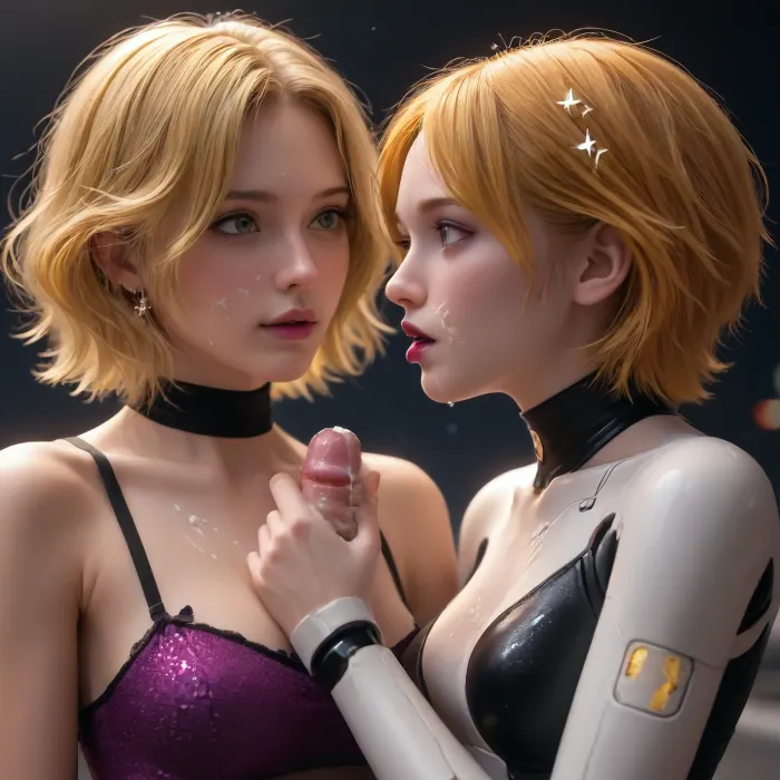 Young thai girl, 18 years older age, beautiful face, symetric face, skinny body, slim body, fit body, big silicone tits, on her knees, tanned skin, makeup, black fishnet stockings, handjob a man, front view, upper body view, a standing man with her, (cum on face, cum on tits, cum on hair), war, machine, warbot, robot, bipedal, mecha, cunnilingus, 2girls, girl, licking, pussy, DonMM4ch1n3W0rldXL, ral-polishedsteel, Sp4c3, Sc3n3, planet, stars, nebulae, sky, (futurist style:1.3), (I'm have neon yellow hair with sparkles:1.8), ((big purple lips with glitter:1.3)), <lora:Miniature_Space:2>