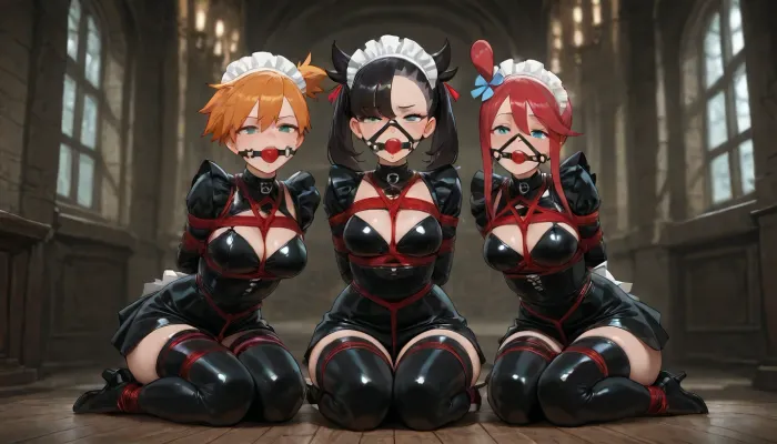 4k, highly detailed, petite girl, petite body, 3 girls from Pokemon, kneeling on the floor side-by-side, in a bdsm dungeon, bound in shibari style, all wearing a ballgag face harness, all wearing latex maid outfits, Marnie, Misty, Skyla, intricate rope bondage, dim dungeon lighting, dramatic atmosphere, anime style, high detail, high resolution