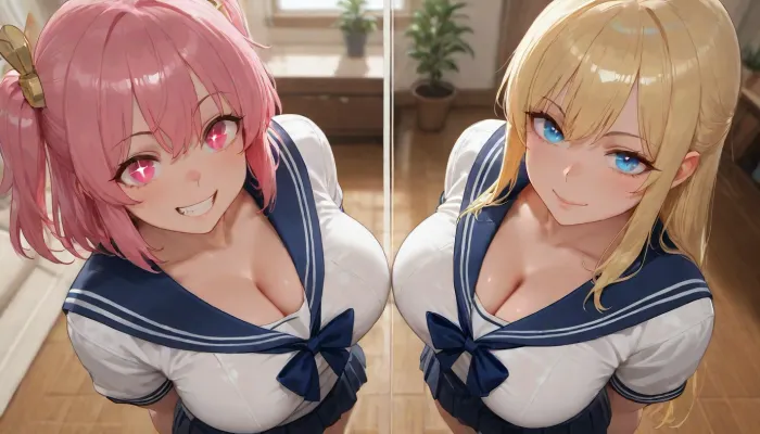 (2girls standing side by side), living room, plants, window, shelves, (sparkling eyes), (glowing eyes), looking at viewer, (slim body with big tits), smiling, sailor school uniform, cleavage, view from above, close-up
