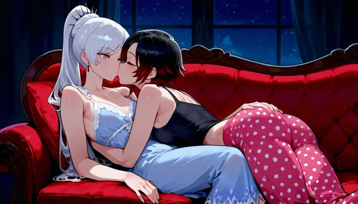 Ruby Rose, (RWBY), and Weiss Schnee, kissing and cuddling with each other on the couch in their pajamas., (Weiss Schnee is a tall, skinny woman with long, white hair, blue eyes, wearing a blue transparent nightgown.), (Ruby Rose is a short, petite woman with short black hair, grey eyes. Ruby is wearing a black tank top and long pink polka-dot pajama pants.), Dark, dim living room, cozy couch.

2 girls, assigned clothes, cuddling, hugging, grabbing ass, hands under clothes, soft, warm, 4k detail, clear, crisp.