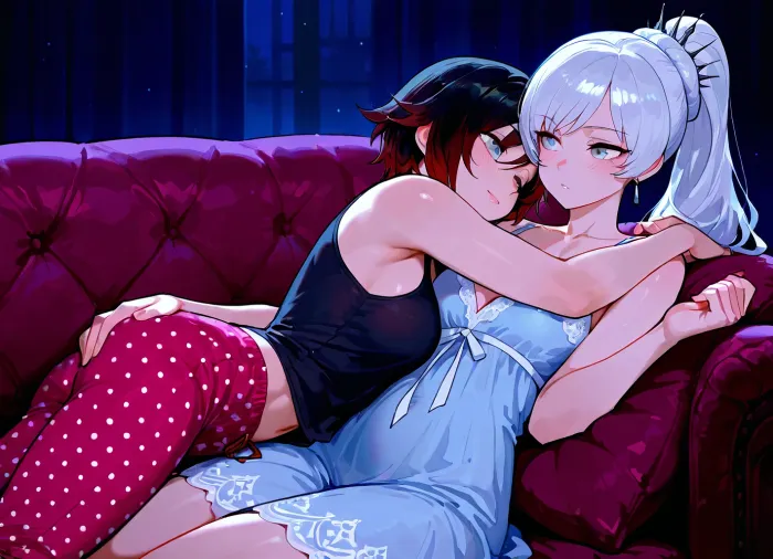 Ruby Rose, (RWBY), and Weiss Schnee, cuddling with each other on the couch in their pajamas., (Weiss Schnee is a tall, skinny woman with long, white hair, blue eyes, wearing a blue transparent nightgown.), (Ruby Rose is a short, petite woman with short black hair, grey eyes. Ruby is wearing a black tank top and long pink polka-dot pajama pants.), Dark, dim living room, cozy couch.

2 girls, assigned clothes, cuddling, hugging, grabbing ass, soft, warm, 4k detail, clear, crisp.