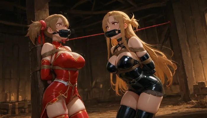 4k, highly detailed, petite girl, petite body, 2 girls from Sword art online, Asuna and Silica from Sword art online, tied together to a wooden post, bound with shibari ropes, arms behind their backs, breasts exposed, wearing latex underbust corsets, latex thigh-highs, both wearing ball gags, struggling, dimly lit dungeon, dramatic lighting, anime style, high resolution