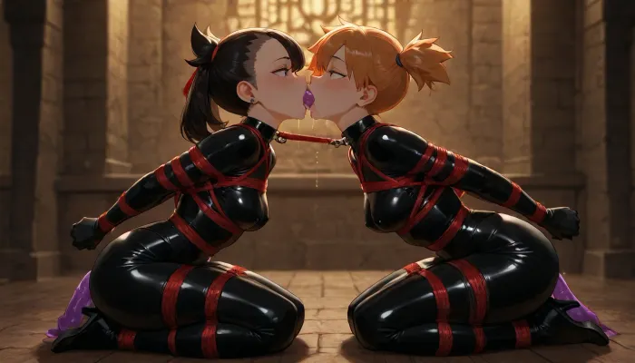 4k, highly detailed, petite girl, petite body, 2 girls from Pokemon, Marnie and Misty from Pokemon, kneeling, side view, double-ended dildo deepthroat, dildo in Marnie's mouth and in Misty's mouth, connecting them, their arms are bound behind their backs, their upper bodies are connected by ropes, intricate shibari, latex outfits, dungeon setting, dramatic lighting, anime style, high detail, drool, NSFW