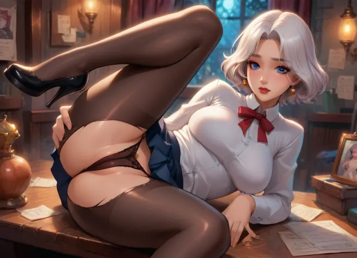 Reiq style, (japanese MILF), white uniform shirt, pleated skirt, one foot on table, torn black pantyhose, black transparent lace thong, cameltoe, pubic hair, <lora:add-detail-xl:2>, <lora:princess_xl_v2:.8>, <lora:DetailedEyes_V3:2>, <lora:Animated_Concept:.9>, <lora:detailed_notrigger:1.2>