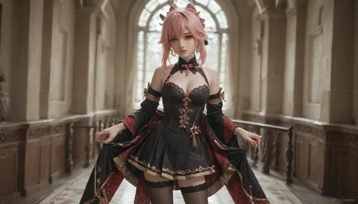 21 years old, 8K, red eyes, five fingers, perfect fingers, pink hair, masterpiece of the highest quality, work of a true master, dress, stockings, jewelry, black thigh-high stockings, Vision, leather, suit Lynette, (Genshin, Impact), (lin, ni, te), 1 girl, purple, solo, breasts, pantyhose, bow, ear, fluff, cleavage, bangs, face, mark, gray, small, pleated, black, bow tie, medium, shirt, <lora:MIAOKA_Yae Miko_XL:.4>, <lora:linnite_x_00004l:2>
