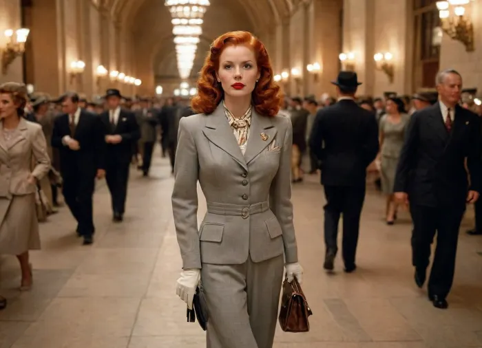 inside Grand Central, gorgeous redhead, famous actress of the 1940s, dressed in 1940s style travel outfit, 1940s travelling suit, perfect figure, 1940s makeup, 1940s entourage, authentic historical photography, original historic photography, period-accurate photo, 1940 style analog color photo, 1940 beauty standards, fully authentic photo in a 1940's era style, photographic quality, high quality glossy magazine photography, glamorous-photo, 1940s fashion magazine photo, full-body view, high angle view, great distance view, late night, dim lit, darkness, <lora:Radiant_Darkness:.8>