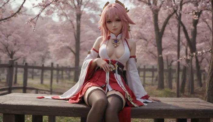 21 years old, 8K, solo, red eyes, five fingers, perfect fingers, pink hair, masterpiece of the highest quality, work of a true master, dress, skirt, stockings, unbuttoned sleeves, jewelry, black thigh-high stockings, Yae, Miko, Lynette, Navia, Vision, (Genshin, Impact), <lora:MIAOKA_Yae Miko_XL:.7>, <lora:tifa_re_sdxl_V1_01-000006:2>
