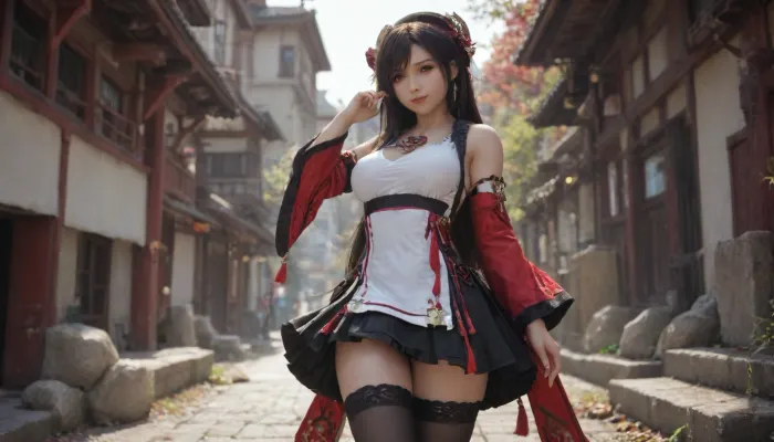 23 years, solo, red, eyes, dress, skirt, stockings, detached, sleeves, jewelry, black, thighhighs, hat, yae, miko, tifa, vision, (genshin, impact), <lora:MIAOKA_Yae Miko_XL:.8>, tifa7re, tifa_outfit, <lora:tifa_re_sdxl_V1_01-000006:.8>