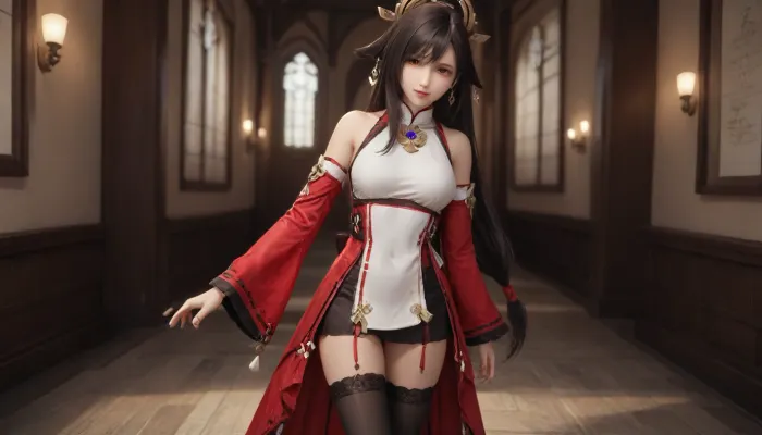 23 years, solo, navia, blue, eyes, dress, detached, sleeves, jewelry, black, thighhighs, hat, yae, miko, vision, (genshin, impact), <lora:MIAOKA_Yae Miko_XL:.8>, tifa7re, tifa_outfit, <lora:tifa_re_sdxl_V1_01-000006:.8>