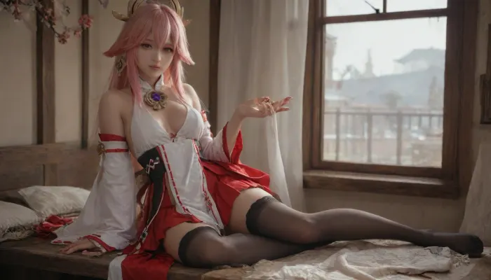 21 years old, 8K, solo, red eyes, five fingers, perfect fingers, pink hair, masterpiece of the highest quality, work of a true master, dress, skirt, stockings, unbuttoned sleeves, jewelry, black thigh-high stockings, Yae, Miko, Lynette, Navia, Vision, (Genshin, Impact), <lora:MIAOKA_Yae Miko_XL:.7>, <lora:tifa_re_sdxl_V1_01-000006:2>