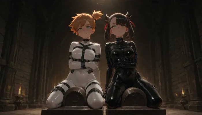 4k, highly detailed, petite girl, petite body, lesbian, 2 woman from Pokemon, Marnie and Misty from Pokemon, lesbian scene, Marnie in a latex straitjacket, forced to sit on a sybian machine controlled by Misty in a latex catsuit, dark dungeon setting, dramatic lighting, high contrast, anime style, detailed faces, tense atmosphere, 8k resolution.