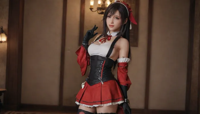 23 years, solo, red, eyes, dress, skirt, stockings, detached, sleeves, jewelry, black, thighhighs, hat, yae, miko, tifa, vision, (genshin, impact), <lora:MIAOKA_Yae Miko_XL:.8>, tifa7re, tifa_outfit, <lora:tifa_re_sdxl_V1_01-000006:.8>
