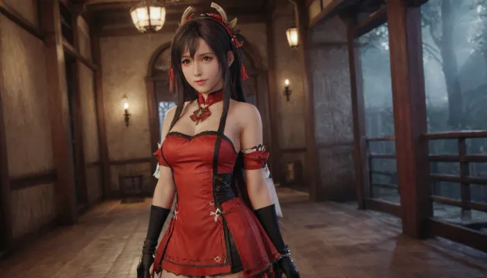 solo, red, eyes, dress, detached, sleeves, jewelry, black, thighhighs, hat, yae, miko, vision, (genshin, impact), <lora:MIAOKA_Yae Miko_XL:.8>, tifa7re, tifa_outfit, <lora:tifa_re_sdxl_V1_01-000006:.8>