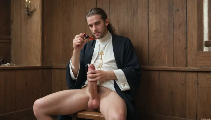 Priest stroking his cock in his robes, priest masturbating in confession booth, priest with cock out, priest, fat priest stroking his large erection, sitting in confession booth, horny expression, holding prayer beads in one hand while stroking his own cock with the other hand precum dripping down cock, wooden walls, rortch, <lora:rortch:.8>