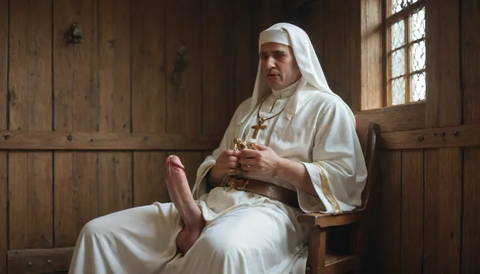 Priest stroking his cock in his robes, priest masturbating in confession booth, priest with cock out, priest, fat priest stroking his large erection, sitting in confession booth, horny expression, holding prayer beads, precum dripping down cock, wooden walls, rortch, <lora:rortch:.8>