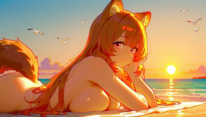 A beautiful nude Raphtalia from The Rising of the Shield with long auburn hair, fox-like ears, and a fluffy tail, relaxing on a sunny beach. She lies on a towel near the shoreline, warm sunlight reflecting on her smooth skin. Gentle waves sparkle in the background, seagulls flying overhead, smiling softly with a peaceful expression. Highly detailed anime illustration, vibrant colors, soft shading, dynamic lighting, warm atmosphere, beach breeze, cinematic composition.