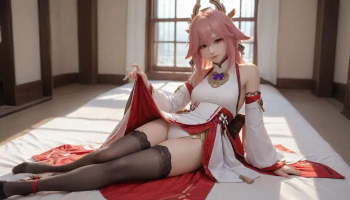 21 years old, 8K, solo, red eyes, five fingers, perfect fingers, pink hair, masterpiece of the highest quality, work of a true master, dress, skirt, stockings, unbuttoned sleeves, jewelry, black thigh-high stockings, Yae, Miko, Lynette, Navia, Vision, (Genshin, Impact), <lora:MIAOKA_Yae Miko_XL:.9>, <lora:tifa_re_sdxl_V1_01-000006:1.9>
