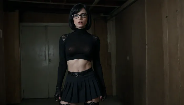 Photorealistic, 25-year-old gothic style woman, (oval-shape glasses), (blue eyes), (bobcut black hair 1.8), stepping into garage, coming through doorway, very large, tattooed bikers, men have clothes still on, (1 woman and 3 men), (saggy tits), (erected nipples), (unwilling 1.5), (nonconsensual 1.5), (scared look 1.9), trapped, captured, terrified, (rickety toolshed 1.8), graffiti, green turtleneck shirt, pleated skirt, bra with lace, upskirt, black stockings, abducted, restrained, normal-sized sagging tits, bra still on, saggy tits, black skirt still on, male grabbing her neck, she is anxious, <lora:absolutely_terrified:1.1>, <lora:dark:2>