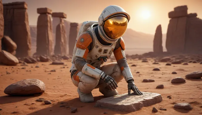 A female astroarchaeologist in spacesuit, brush sand off a broken stone tablet, alien hieroglyphs, equipment, Mars, alien Stonehenge in the background, harsh orange light, volumetric lighting, epic vista, cinematic, hyperdetailed, intricately detailed, unreal engine 5, 8k, photorealistic, trending on artstation, masterpiece