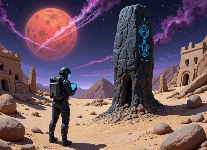 impressionist painting {An astroarchaeologist in an armored spacesuit, standing in front of a towering black obsidian monolith among the ruins of strange buildings, mottled with fractal glyphs that pulsate with bioluminescent energy. Alien ruins spread across the surface of an exotic planet littered with sand. A scientist's HUD helmet flickers with blue illumination from a holographic tablet as he busily attempts to decipher the alien symbols. A dying red giant star casts long purple streaks across the stage, its light catching the glow of a thousand other artifacts half-buried in the regolith, each one a puzzle to be solved}. loose brushwork, vibrant color, light and shadow play, captures feeling over form