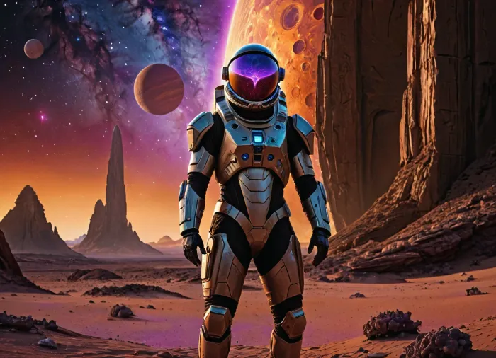 Modern colored pencil sketch {An astroarchaeologist in an armored spacesuit standing in front of a towering monolith mottled with fractal glyphs that pulse with bioluminescent energy. Alien ruins spread across the surface of an exotic planet littered with purple sand. A scientist's HUD helmet flickers with blue illumination from a holographic tablet as he busily attempts to decipher the alien symbols. A dying red giant star casts long purple streaks across the stage, its light catching the glow of a thousand other artifacts half-buried in the regolith, each one a puzzle to be solved}. colored, contrast, tone, texture, details, stylish, elegant