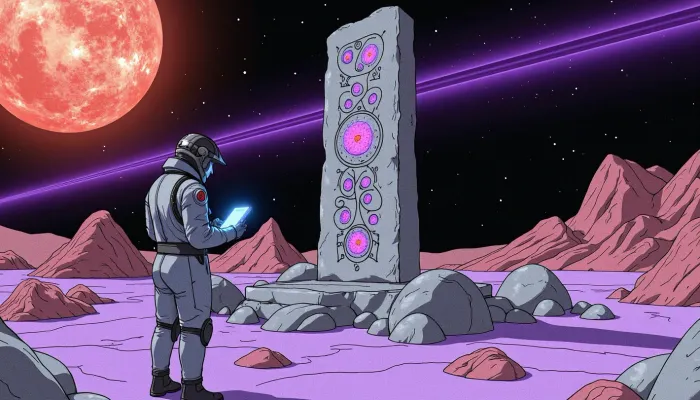 Modern colored pencil sketch {An astroarchaeologist in an armored spacesuit standing in front of a towering monolith mottled with fractal glyphs that pulse with bioluminescent energy. Alien ruins spread across the surface of an exotic planet littered with purple sand. A scientist's HUD helmet flickers with blue illumination from a holographic tablet as he busily attempts to decipher the alien symbols. A dying red giant star casts long purple streaks across the stage, its light catching the glow of a thousand other artifacts half-buried in the regolith, each one a puzzle to be solved}. colored, contrast, tone, texture, details, stylish, elegant
