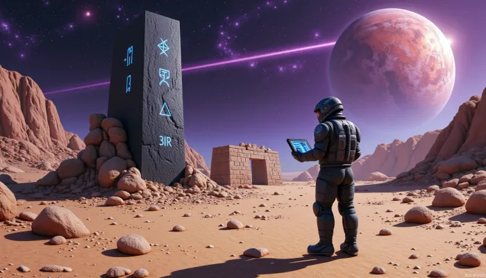 An astroarchaeologist in an armored spacesuit standing in front of a towering obsidian black monolith among the ruins of strange buildings, mottled with fractal glyphs that pulsate with bioluminescent energy on the surface of a sand-filled satellite of a giant planet. He, tablet in hand, is busy trying to decipher the alien symbols. The star, the sun of this system, emerging from behind the giant planet, casts long, sharp shadows on the lifeless surface of the dead moon.