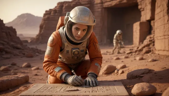 A female astroarchaeologist in spacesuit holding a brush, carefully excavates the ruins of a stone tablet with alien hieroglyphs, mars-lander in background, harsh orange light, 1girl, 8k, photorealistic