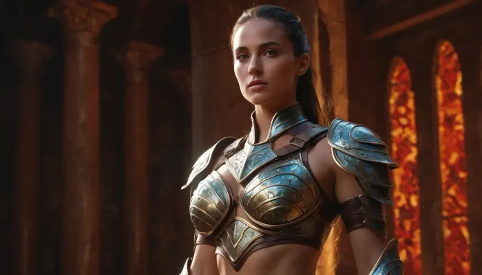 Pop surrealist painting with fantasy-inspired brush handling of a video game heroine, wearing fantastical armor crop top and wrapped digital-patterned fabric. Perfectly rendered abdominal muscles created through stylized paint application rather than realistic modeling.