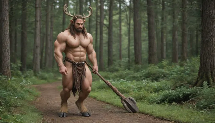 Half deer. Druid. Muscular. Antlers. Male. Deer hooves. Deer tail. Person. Man. Solo Man. Muscular. Rugged. Wild man. Forest alter. Thick chest hair. Bodybuilder muscles. Human face. Big broad animal like nose. Digigrade legs. Hybrid. Half furry. Loin cloth. Silks. Big rack, (of antlers), . Sashes. Furs. Cloth sash across chest. Clean shaven face. Hooves. Deer satyr. Long hair. Body hair. Thick furry chest. Bulging muscles. Veiny muscles. Pagan ceremony at alter. 1 set of ears. Wooden staff. Elf. Warcraft.