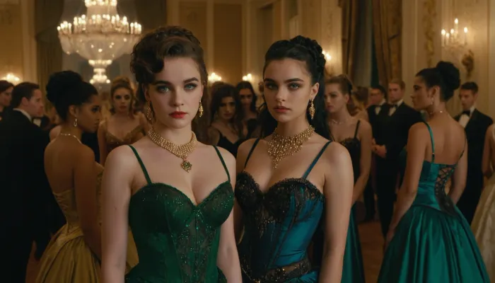Cinematic, 35mm, Golden Hour, sumptuous ballroom, debutant's ball, goth girl dressed like a prostitute, is surrounded by beautiful debutants standing around her, the girls wear expensive ball gowns, gowns are a variety of styles and colors, green, eyes, blue, brown, perfecteyes, <lora:PerfectEyesXL:1.4>