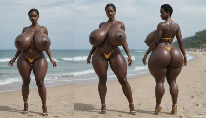 (absolutely black skin:1.45), (gigantic massive huge tits slender beauty model on the beach:1.35), (incredibly floppy saggy tits:1.85), (very large very dark areolae:1.55), erect nipples, seduction, model with full body and face, ((groping tits and ass)), very high plateau heels, ((bikini)), (belly chain, anklet, bracelet, jewelry, necklace), ((micro skirt)), oiled up, light hairy pussy, very detailed image, ultra high definition