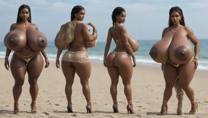 (absolutely black skin:1.45), (gigantic massive huge tits slender beauty model on the beach:1.35), (incredibly floppy saggy tits:1.85), (very large very dark areolae:1.55), erect nipples, seduction, model with full body and face, ((groping tits and ass)), very high plateau heels, ((bikini)), (belly chain, anklet, bracelet, jewelry, necklace), ((micro skirt)), oiled up, light hairy pussy, very detailed image, ultra high definition