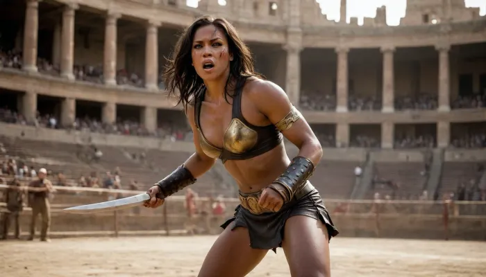 Create 2 females warriors, First females IS a Beautiful 30yo woman, WET Dark Brown straight hair, big saggy tits with big nipples and hairy pussy visible, topless with bare back and muscular physique, long hair blowing in the wind, wearing a tattered short leather gladiator skirt with ornate metal belt and thigh straps, holding a large round battered shield in one hand and a gladius sword in the other, whole body covered in bruises and abrasions, pain expression, gladiator standing in a Roman coliseum arena, 3/4 view, dramatic golden hour lighting, sweat-glistened skin, crowded blurred spectators in the background, epic cinematic atmosphere, lion in the background, Dynamic view, Dynamic pose, highly detailed, photorealistic, 8k, style raw., action, shot, all bruised up, (cuts and wounds on whole body:1.6), ((muscular ebony black female fighter)), ((long muscles)), hyperrealistic, (tall woman), ((muscular woman)), broad shoulders, large breasts, long black hair, ((strong physique)), ((detailed abs and arms)), dark brown leather and gold bra and skirt, gold jewelry, mma gloves, in an arena scene, pale tan skin, lots of detail on clothing and armor, sharp expression, intense expression, (mid-punch pose), powerful stance, close up view, <lora:Manga_Action_Shot:.8>