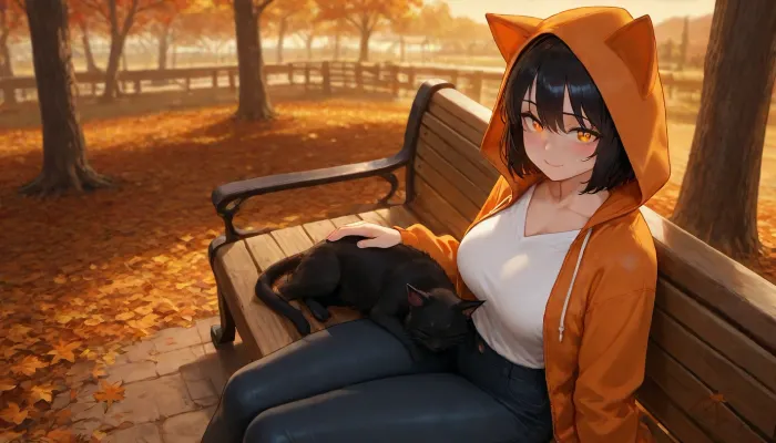 (solo:1.2), (warm colors:1.3), autumn, beautiful sky, sunset, maple leaves, sitting on bench, park, mature face, (shy), (strong blushing), smile, black hair, orange eyes, (sparkling eyes:1.1), (glowing eyes:.9), (slim body:1.1), (slim waist:.7), zip hoodie, open hoodie, (oversized hoodie), (black and orange hoodie), v-neck shirt, white shirt, (dark-black jeans:1.2), (big tits:.5), (lipstick:.7), short hair, hood on, (cat ear hoodie), (side view:.4), (cute black cat sleeping on lap), petting cat, looking at viewer, (view from above:.6), (cleavage:.6)