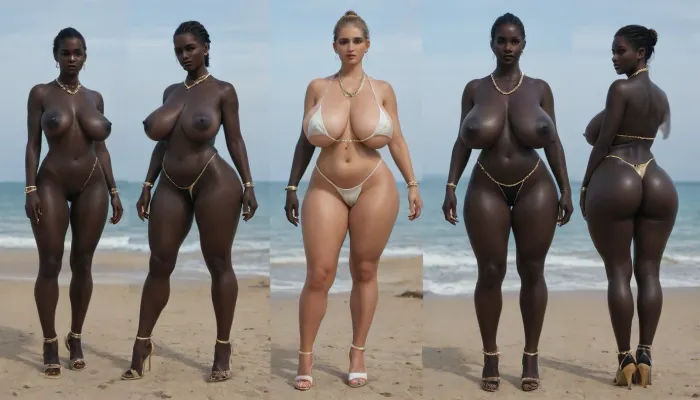 (absolutely black skin:1.85), (gigantic massive huge tits slender beauty model on the beach:1.25), (incredibly floppy saggy tits:1.35), (very large very dark areolae:1.25), erect nipples, seduction, model with full body and face, ((groping tits and ass)), ((very high plateau heels)), (bikini), ((belly chain, anklet, bracelet, jewelry, necklace)), (micro skirt, sun dress), oiled up, light hairy pussy, very detailed image, ultra high definition